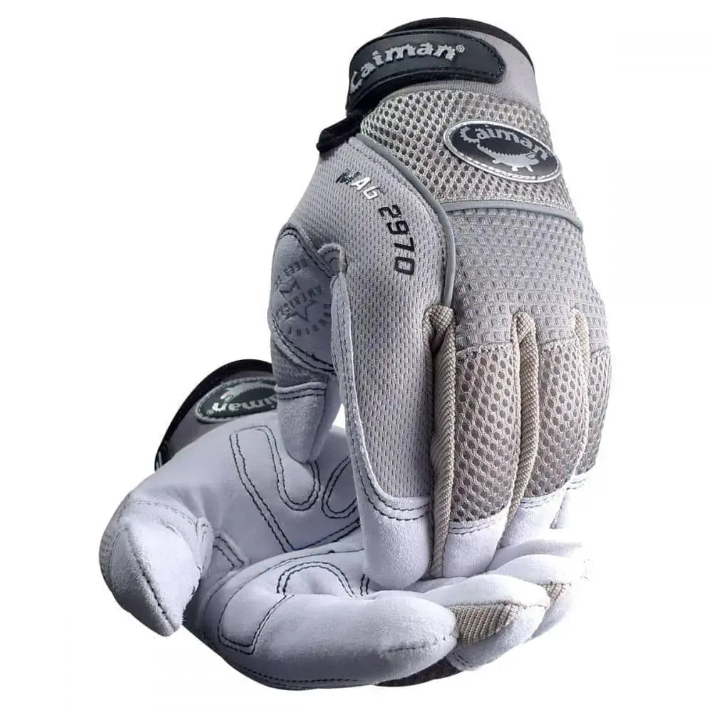 CAIMAN - Deer Split Leather Gray padded palm Velcro pull strap Mechanics glove - L Becker Safety and Supply