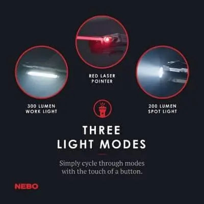 NEBO - Larry Trio   The Larry TRIO is a powerful 3-in-1 rechargeable light featuring a 200 lumen spot light, 300 lumen C•O•B work light and a red laser pointer - Becker Safety and Supply