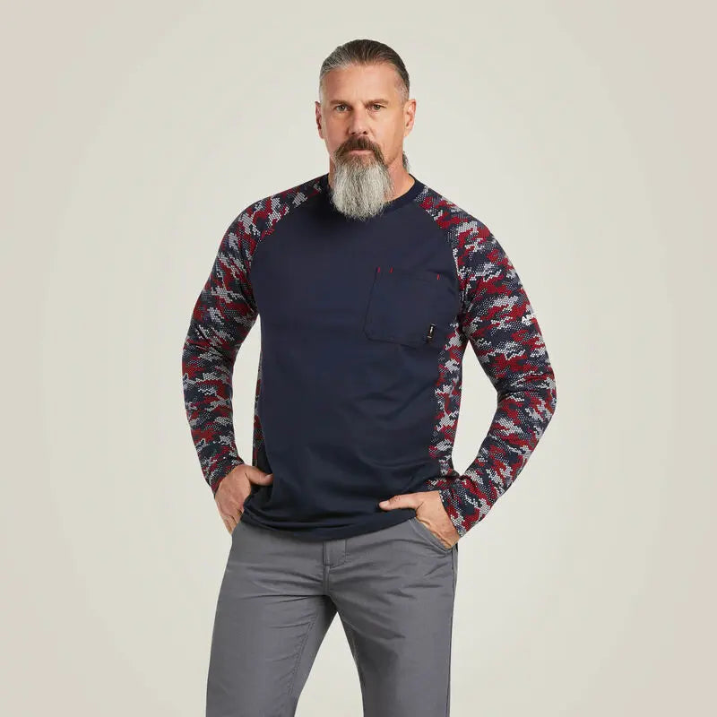 ARIAT - FR AC Stretch Camo Baseball T-Shirt. NAVY/WHITE/RED CAMO Becker Safety and Supply