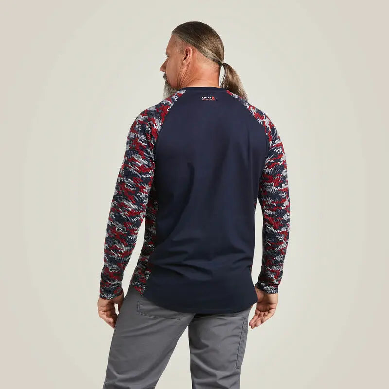 ARIAT - FR AC Stretch Camo Baseball T-Shirt. NAVY/WHITE/RED CAMO Becker Safety and Supply