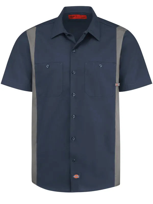 DICKIES - Men's Industrial Color Block Two-Tone Short Sleeve Work Shirt, Dark Navy/Smoke - Becker Safety and Supply