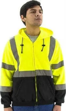 MAJESTIC - HI-VIS Zippered Front Hooded w/Pockets ANSI Class 3 w/Black Waist Area/ Yellow - Becker Safety and Supply